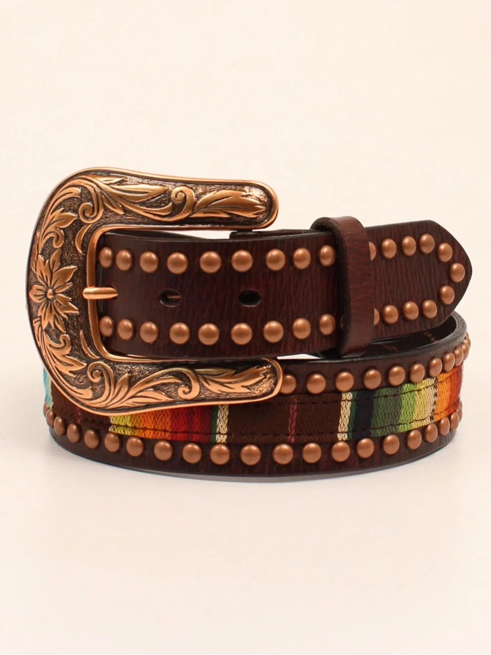 Ariat Brown Leather Belt with Copper Studs & Multicolor Stripe